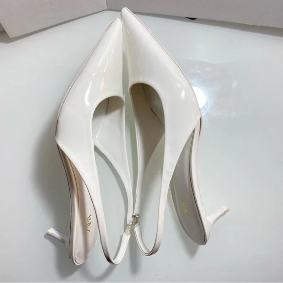 Zara White Slingback low Heels Pointed Toe Faux Patent leather EU40 US9M - Picture 8 of 11